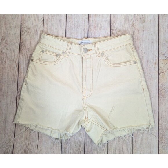 ZARA Women's Beige Ivory High Waisted Cut Off Denim Shorts Button Fly Size 4 - Picture 1 of 6
